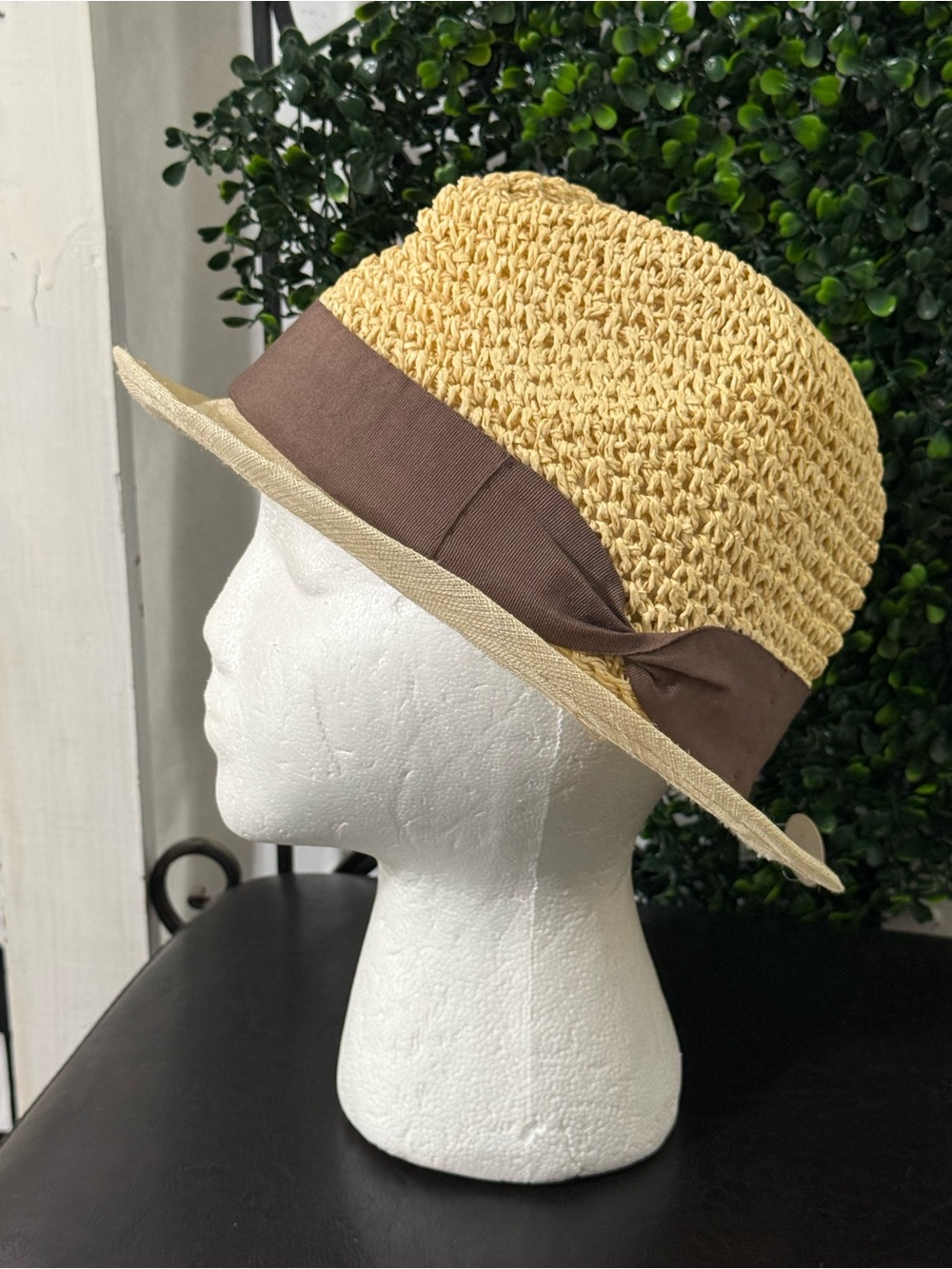 Linen and Straw Cloche Hat with Brown Ribbon